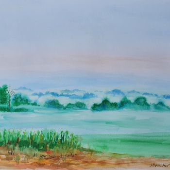 Pintura intitulada "Morning fog summer." por Nata Shemshur, Obras de arte originais, Aquarela