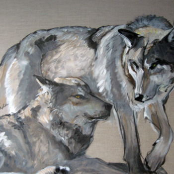 Painting titled "deux loups linen" by Em Bryant, Original Artwork, Acrylic