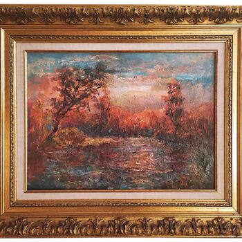 Malarstwo zatytułowany „Crimson evening” autorstwa Viktor Makarov, Oryginalna praca, Olej Zamontowany na Drewniana rama noszy