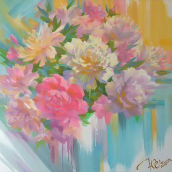 Картина под названием "Sunny peonies" - Yuriy Sidorenko, Подлинное произведение искусства, Акрил Установлен на Деревянная ра…