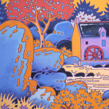 Painting titled "Rochers et moulin à…" by Gilles Mével, Original Artwork, Acrylic Mounted on Wood Stretcher frame