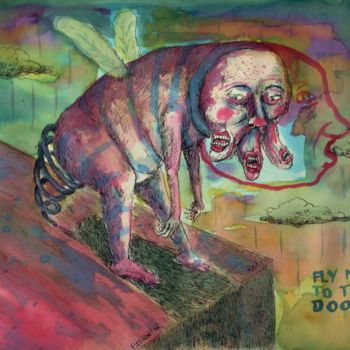 Drawing titled "Fly Me To The Doom" by Patrick Jannin, Original Artwork, Ink