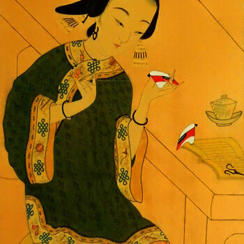 Painting titled "Chinese lady Stitch…" by Clement Tsang, Original Artwork, Watercolor