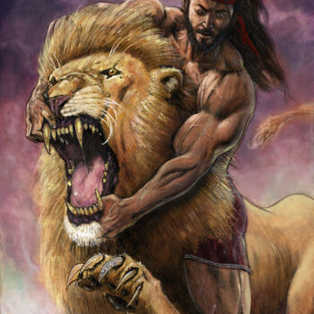 绘画 标题为“Samson and the lion” 由Marco Russo, 原创艺术品, 丙烯