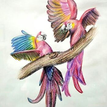 Pittura intitolato "Попугаи" da Alina Gelman, Opera d'arte originale, Matite colorate