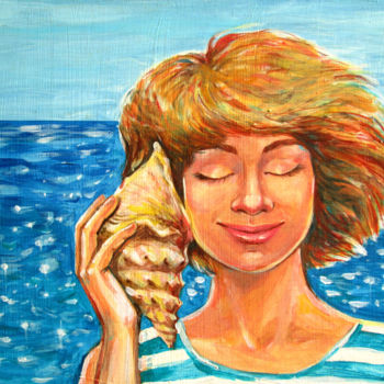 Pittura intitolato "A girl listens to a…" da Galina Lyutaeva, Opera d'arte originale, Acrilico