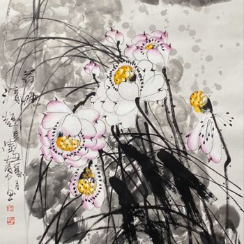 Malerei mit dem Titel "Fun in the Lotus po…" von Dayou Lu, Original-Kunstwerk, Pigmente