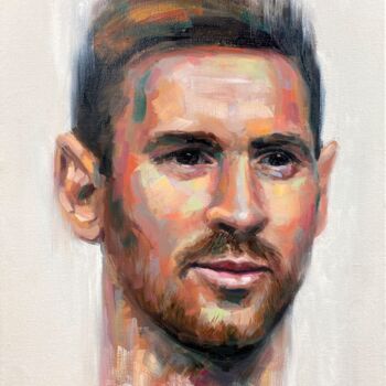 Pittura intitolato "Leo Messi Oil Portr…" da Evgeny Potapkin, Opera d'arte originale, Olio Montato su Telaio per barella in…