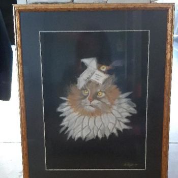 Drawing titled "Chat penseur" by Delphine Grezes, Original Artwork, Pastel