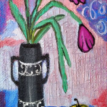Painting titled "vase with tulips" by Janna Shulrufer, Original Artwork, Oil