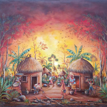 Painting titled "In the Village" by Angu Walters, Original Artwork, Acrylic