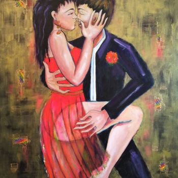 Ζωγραφική με τίτλο "Tango rouge passion" από Mahé Ros, Αυθεντικά έργα τέχνης, Ακρυλικό Τοποθετήθηκε στο Ξύλινο φορείο σκελετό