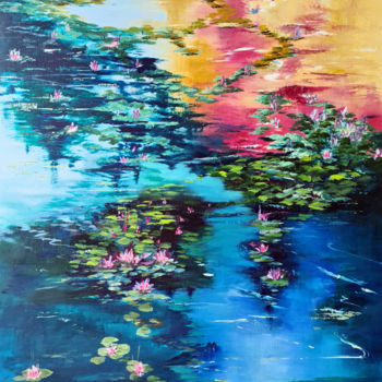 Painting titled "WILD WATER LILIES" by Elizabeth Williams, Original Artwork, Oil Mounted on Wood Stretcher frame