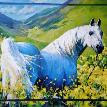 Peinture intitulée "Лето. Синяя лошадь" par Svetlana Savitskaya, Œuvre d'art originale, Laque Monté sur Panneau de bois
