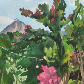 Pintura intitulada "Blooming Tree, Moun…" por Valentina Pushkareva, Obras de arte originais, Aquarela