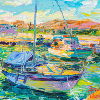 Painting titled "Крит. Лодки в Гувесе" by Vasilii Shikhanov, Original Artwork, Oil Mounted on Wood Stretcher frame