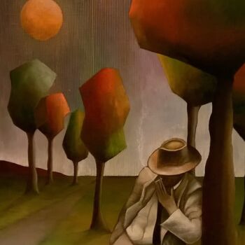 「Sous la lune rousse」というタイトルの絵画 Thierry Robinによって, オリジナルのアートワーク, グワッシュ水彩画 ウッドストレッチャーフレームにマウント