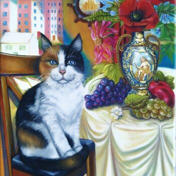Painting titled "La gatta e fiori" by Ulyana Holevych, Original Artwork, Oil Mounted on Wood Stretcher frame