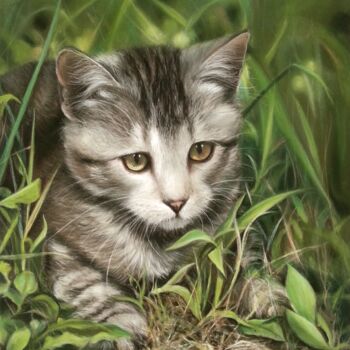 「Chat en chasse」というタイトルの絵画 Cathy Cheneauによって, オリジナルのアートワーク, パステル
