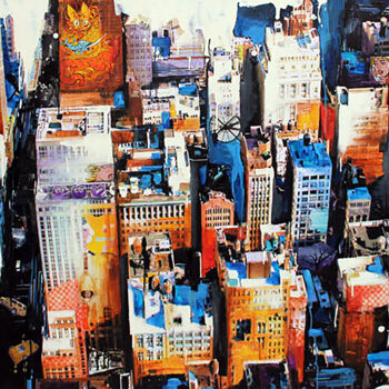 Painting titled "Time is city" by Nathalie Lemaitre, Original Artwork, Oil Mounted on Wood Stretcher frame