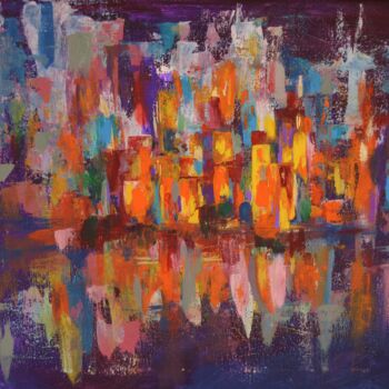 Painting titled "Night City" by Julia Leon, Original Artwork, Acrylic Mounted on Wood Stretcher frame