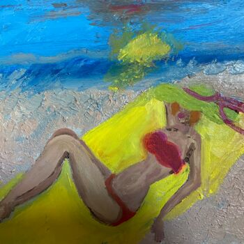 Painting titled "A nap on the beach" by Jocelyn Blain, Original Artwork, Oil