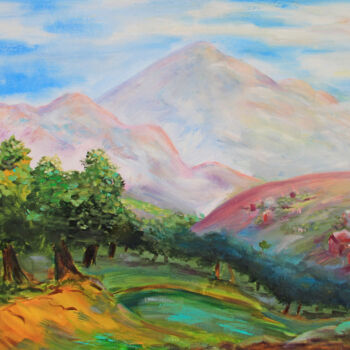 Painting titled "Mountain View" by Tatyana Pertsel, Original Artwork, Oil Mounted on Wood Stretcher frame