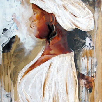 Painting titled "La porteuse de bois" by Nathalie Lemaitre, Original Artwork, Oil Mounted on Wood Stretcher frame