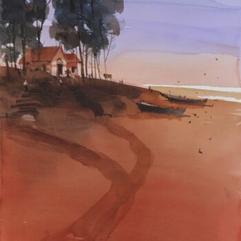 Painting titled "Chapel by the sea" by Prashant Prabhu, Original Artwork, Watercolor