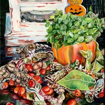 Painting titled "autumn magnolia fru…" by Maria Zasidkovych (Mariia), Original Artwork, Oil Mounted on Wood Panel