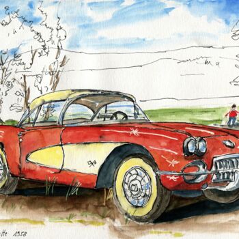 Schilderij getiteld "Chevrolet Corvette…" door Loran De Cevinne, Origineel Kunstwerk, Aquarel