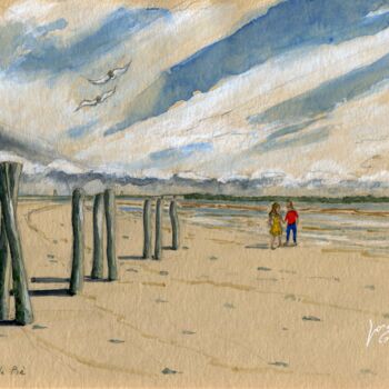 Schilderij getiteld "Ile de Ré, plage" door Loran De Cevinne, Origineel Kunstwerk, Aquarel