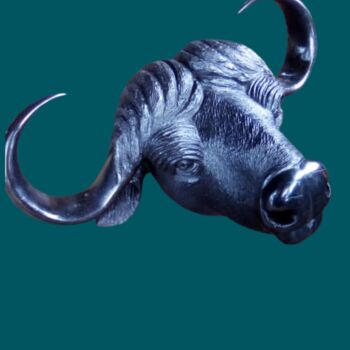 Sculpture titled "Buffalo Head Trophy" by Taurayi Maisiri, Original Artwork, Wood