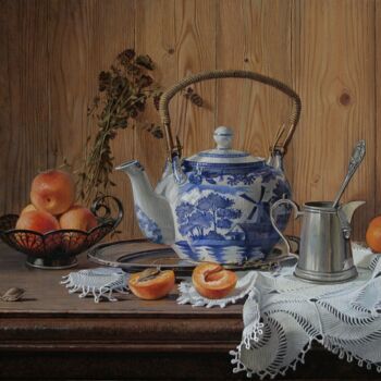 Painting titled "Абрикосы и чайник" by Tschumakov Sergey, Original Artwork, Oil Mounted on Wood Stretcher frame