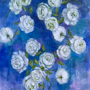 Malarstwo zatytułowany „White Roses on Blue” autorstwa Sylvie Carter, Oryginalna praca, Akryl