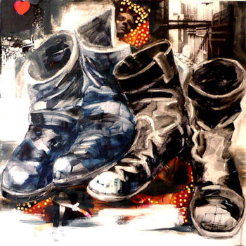 Painting titled "Mes bottes" by Nathalie Lemaitre, Original Artwork, Oil Mounted on Wood Stretcher frame
