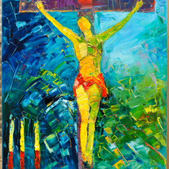 Painting titled "christ en croix ave…" by Frederic Servian, Original Artwork, Oil