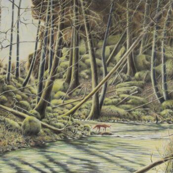 Malerei mit dem Titel "Füchslein am Bach" von Ronald Firla, Original-Kunstwerk, Conté-Buntstifte
