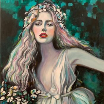 Painting titled "Des fleurs et une é…" by Martine Perugini, Original Artwork, Oil Mounted on Wood Stretcher frame