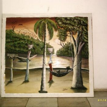 Ζωγραφική με τίτλο "couché de soleil au…" από Boubacar Sow, Αυθεντικά έργα τέχνης, Λάδι