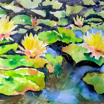 Peinture intitulée "Yellow Waterlilies…" par Ibolya Taligas, Œuvre d'art originale, Aquarelle