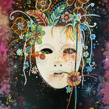 Painting titled "Les masques blancs" by Carole Legeron, Original Artwork, Acrylic Mounted on Wood Stretcher frame