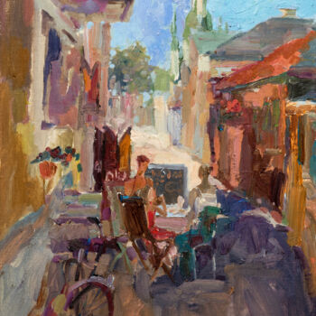 Painting titled "Summer cafe. Pärnu" by Elena Branovitskaya, Original Artwork, Oil Mounted on Wood Stretcher frame