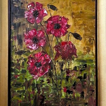 Painting titled "Field poppies" by Elena Dobkin, Original Artwork, Oil Mounted on Wood Stretcher frame