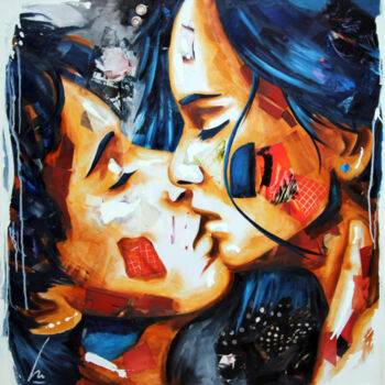 Painting titled "Le petit coeur bleu" by Nathalie Lemaitre, Original Artwork, Oil Mounted on Wood Stretcher frame