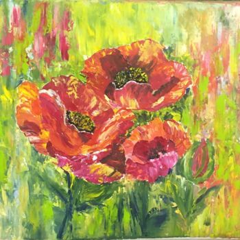 Painting titled ""Маки на лужайке"" by Liubov Usova, Original Artwork, Oil Mounted on Wood Stretcher frame