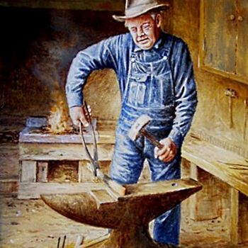 Painting titled "Old blacksmith in h…" by Jos Kivits, Original Artwork, Oil Mounted on Wood Panel