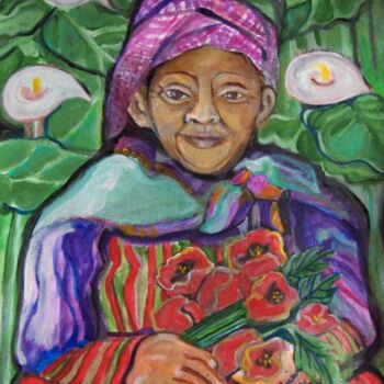 Painting titled "Old Women with Flow…" by Chicana Artist.... Ruth Olivar Millan, Original Artwork