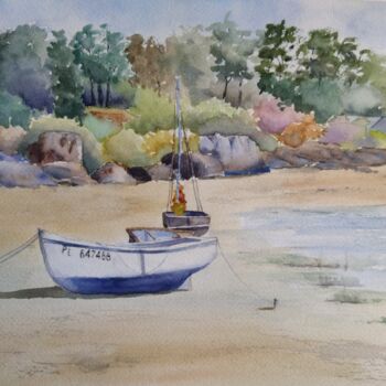 Ζωγραφική με τίτλο "Sailboat on the Bea…" από Horacio Cobas, Αυθεντικά έργα τέχνης, Ακουαρέλα