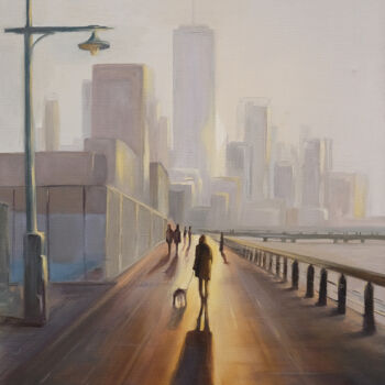 Painting titled ""Sunset on the Huds…" by Ruslan Gubaydullin, Original Artwork, Oil Mounted on Wood Stretcher frame